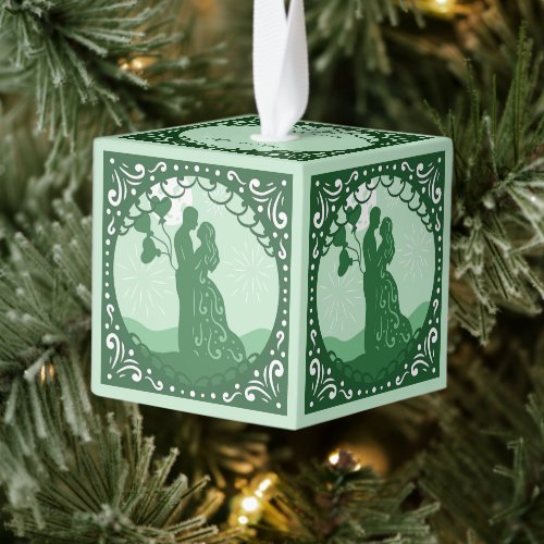 Our First Christmas As Mr  Mrs Tones of Green Cube Ornament