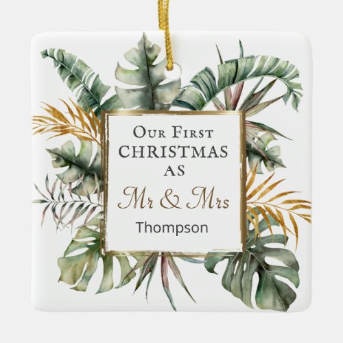 Our First Christmas as Mr  Mrs Tropical Palms Ceramic Ornament
