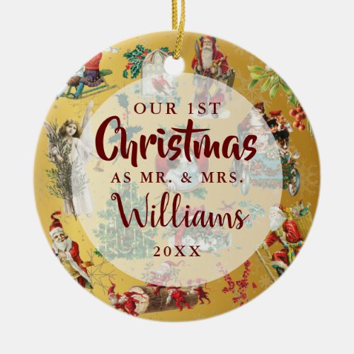 Our First Christmas As Mr Mrs Vintage Photo Gold Ceramic Ornament