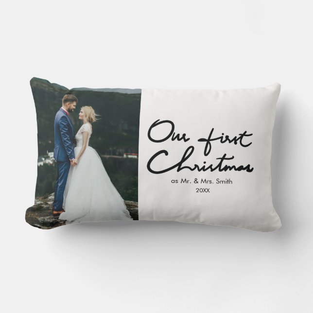 Our First Christmas as Mr. & Mrs. Wedding Photo Lumbar Pillow (Front)