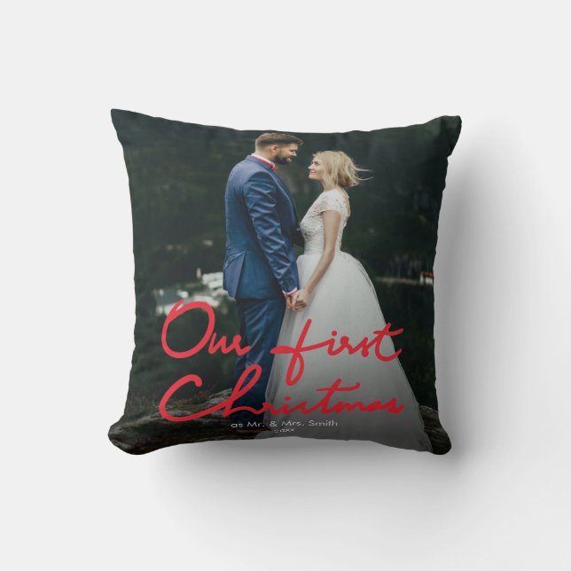 Our First Christmas as Mr. & Mrs. | Wedding Photo Throw Pillow (Front)