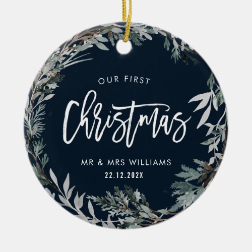 our first christmas as mr  mrs winter wreath ceramic ornament