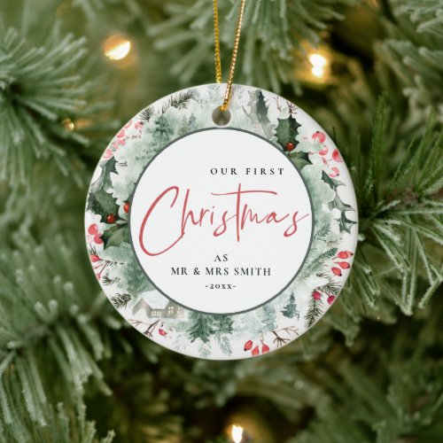 Our First Christmas as Mr Mrs Winter Wreath Photo Ceramic Ornament