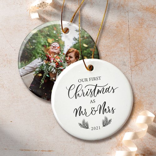 Our First Christmas as Mr  Mrs with Photo Ceramic Ornament