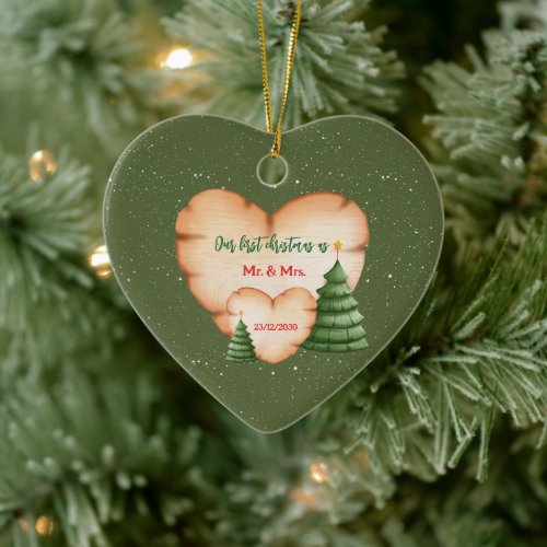 Our first Christmas as Mr  Mrs Wooden Heart Ceramic Ornament