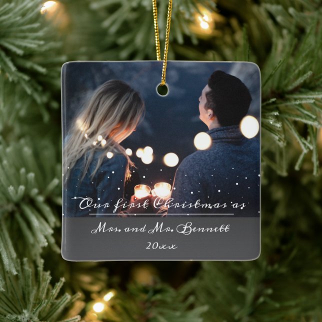Our First Christmas as Mrs. & Mr. Wedding Photo Ceramic Ornament (Tree)