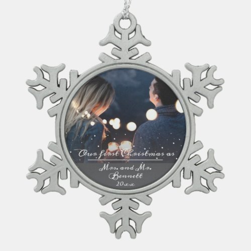 Our First Christmas as Mrs  Mr Wedding Photo Snowflake Pewter Christmas Ornament