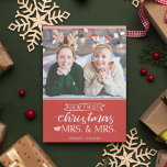 Our first Christmas as mrs & mrs lgbt Holiday Card<br><div class="desc">Celebrate your first Christmas as Mrs. and Mrs. with this cute holiday card featuring a customizable photo template and a lovely caption in white fonts over a festive red background.</div>
