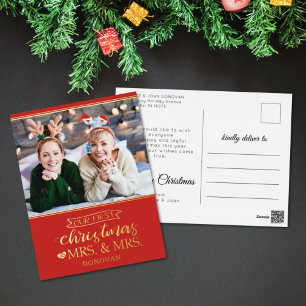 Our first Christmas as mrs & mrs newlyweds gold Fo Foil Holiday Postcard
