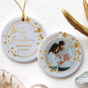 Our First Christmas as   New Baby Photo Gold Star Ceramic Ornament