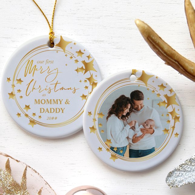 Our First Christmas as | New Baby Photo Gold Star Ceramic Ornament (Creator Uploaded)