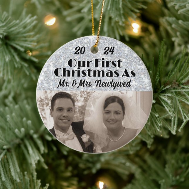 Our First Christmas as Newlyweds Personalize Photo Ceramic Ornament (Tree)