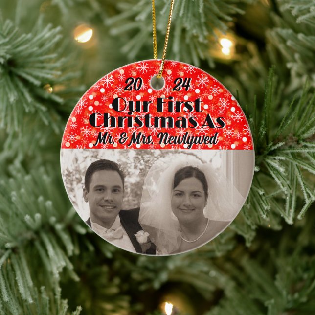 Our First Christmas as Newlyweds Personalize Photo Ceramic Ornament (Tree)