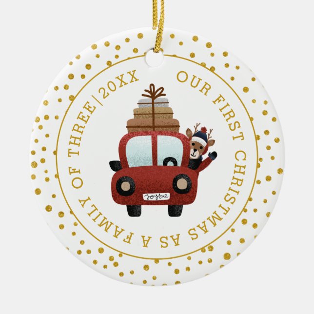 Our first Christmas as parents car gold photo Ceramic Ornament (Front)