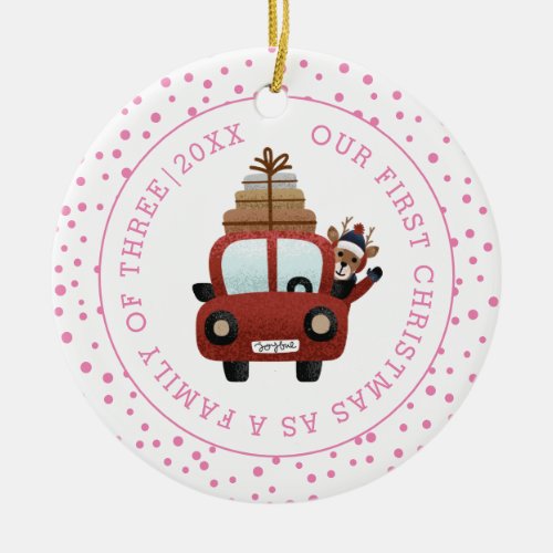 Our first Christmas as parents car pink photo Ceramic Ornament