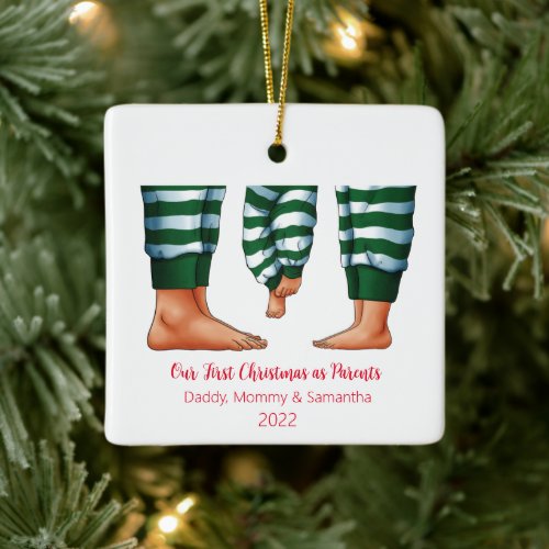 Our First Christmas as Parents Cute Red Green Ceramic Ornament