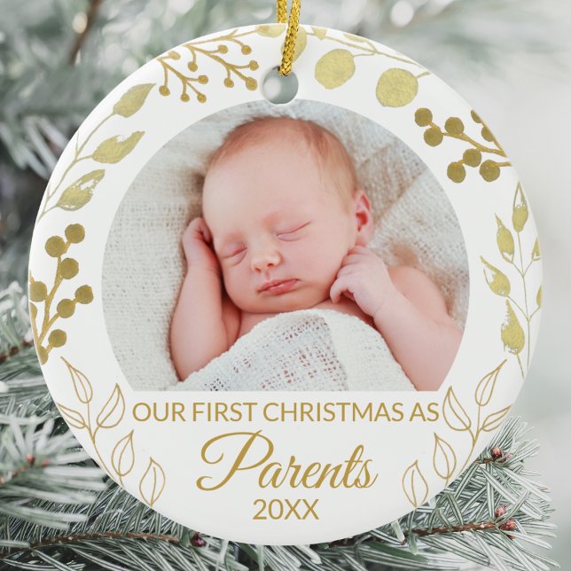 Our First Christmas As Parents Gold Foliage Photo Ceramic Ornament (Creator Uploaded)