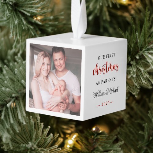 Our First Christmas as Parents New Baby Photo Cube Ornament