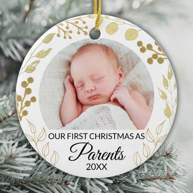 Our First Christmas As Parents Photo Gold Foliage Ceramic Ornament (Creator Uploaded)