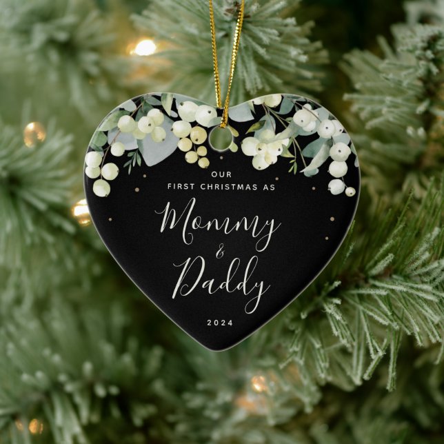 Our First Christmas as Parents Photo Heart Shaped Ceramic Ornament (Tree)