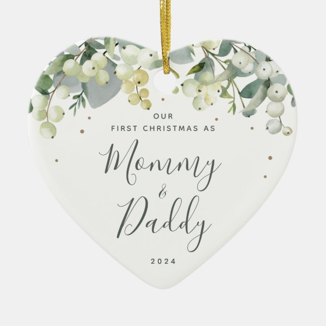Our First Christmas as Parents Photo Heart Shaped Ceramic Ornament (Front)