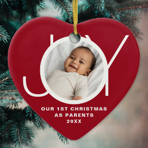 Our First Christmas As Parents Photo Joy Red Ceramic Ornament