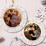 Our First Christmas as | Red Ditsy Snowflake Photo Ceramic Ornament<br><div class="desc">Christmas tree photo ornament, with pictures on the front and back. It is lettered with "Our First Christmas twenty twenty [year]" .. followed by your custom wording such as "as mommy & daddy to be". You can also personalize the back of the ornament with your names. The photo template will...</div>