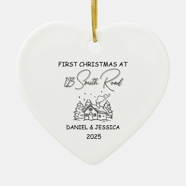 Our First Christmas At, Cute Line Art Christmas  Ceramic Ornament (Front)