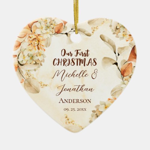 Our First CHRISTMAS Autumn Floral Heart Ceramic Ornament