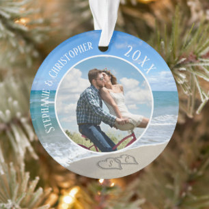 Our First Christmas Beach Hearts Photo Couples Ornament