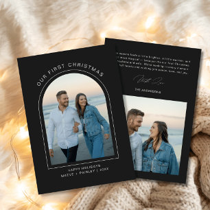 Our First Christmas Black Arch Modern 2 Photo Holiday Card