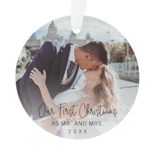 Our First Christmas Black Script Photo Ornament