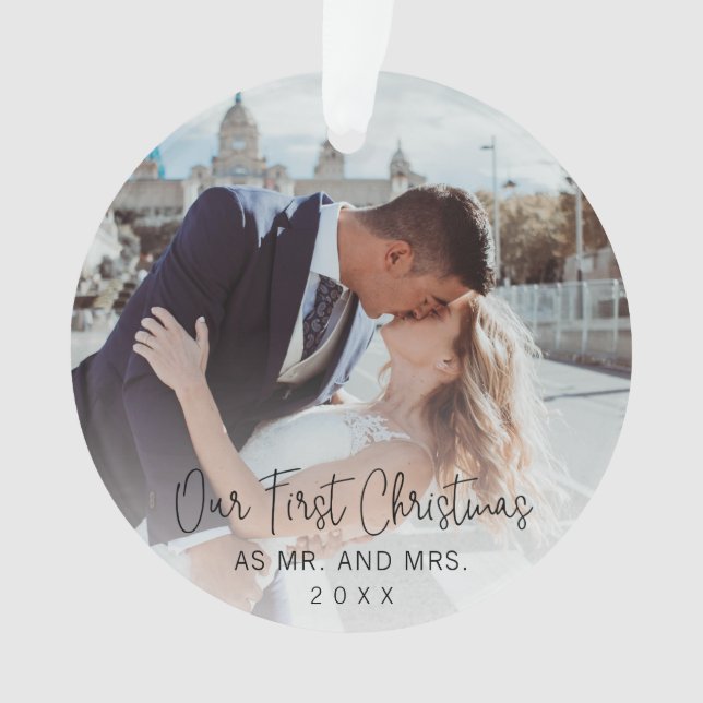 Our First Christmas Black Script Photo Ornament (Front)