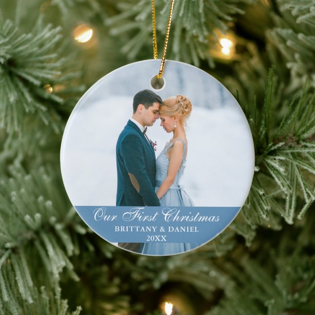 Our First Christmas Blue Couple Photo Ceramic Ornament (Tree)