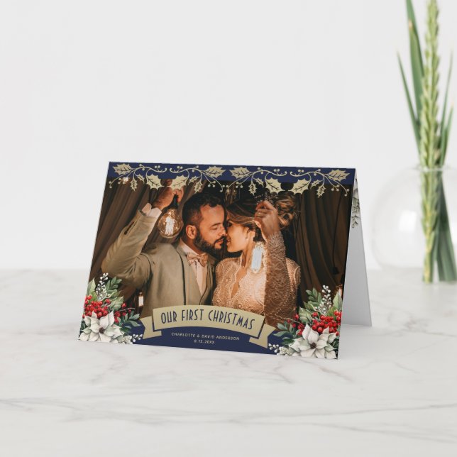 Our First Christmas Blue Newlywed Photo Holiday Card (Front)