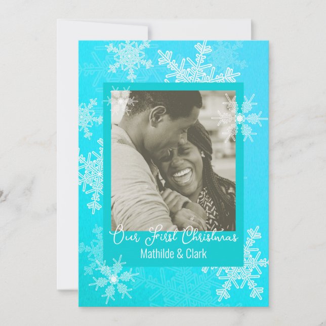 Our First Christmas Blue Snowflakes Minimalist  Holiday Card (Front)