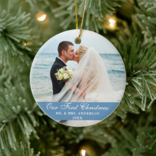 Our First Christmas Blue Wedding Photo Ceramic Ornament