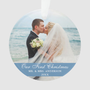 Our First Christmas Blue Wedding Photo Ornament