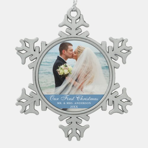 Our First Christmas Blue Wedding Photo Snowflake Pewter Christmas Ornament