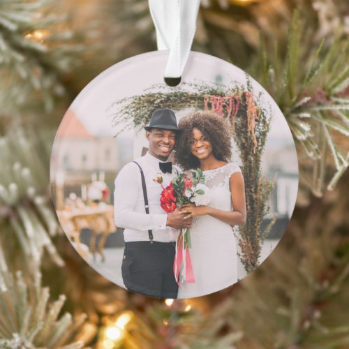 Our First Christmas Calligraphy Mr and Mrs Photo Ornament