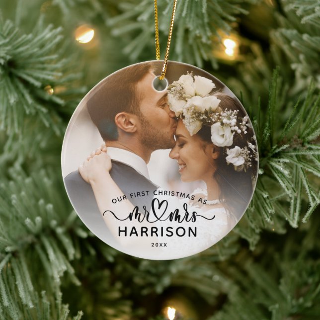 Our First Christmas Calligraphy Mr and Mrs Photos Ceramic Ornament (Tree)