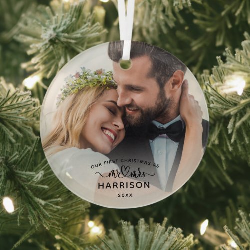 Our First Christmas Calligraphy Mr and Mrs Photos Glass Ornament