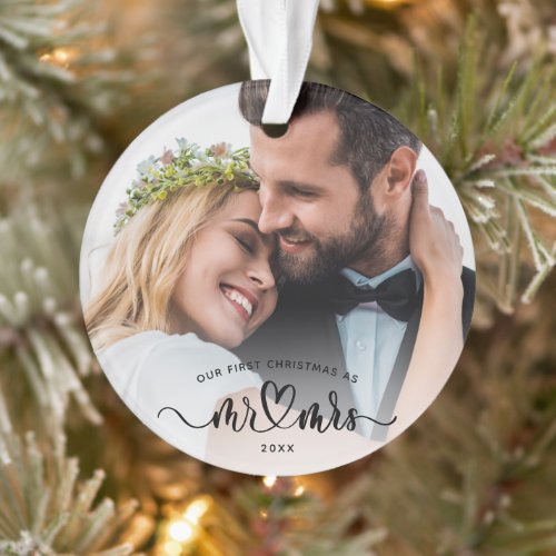 Our First Christmas Calligraphy Mr and Mrs Photos Ornament