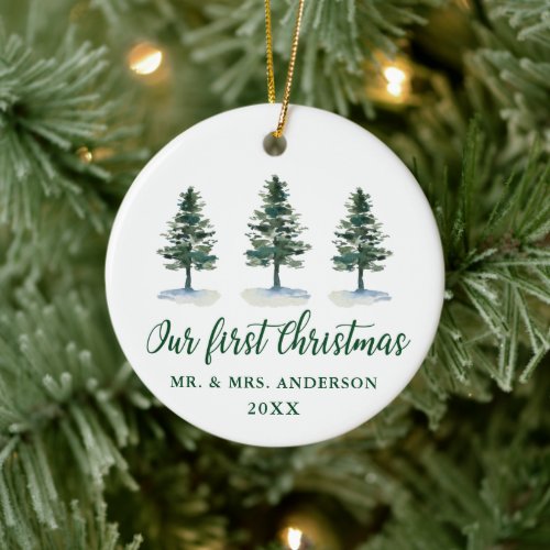 Our First Christmas Calligraphy Watercolor Pines Ceramic Ornament