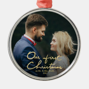 Our First Christmas Chic Hand-Lettered Christmas Metal Ornament