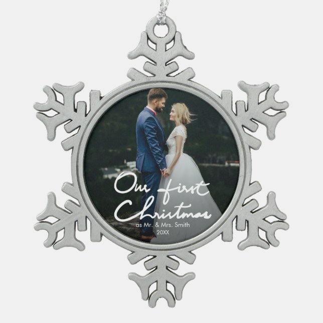 Our First Christmas Chic Keepsake Photo Snowflake Pewter Christmas Ornament (Front)