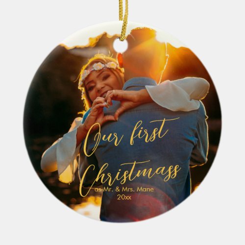 Our First Christmas Chic Script Couples Photo  Ceramic Ornament