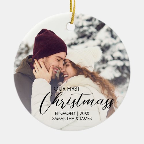 Our First Christmas Chic Script Engaged  Newlywed  Ceramic Ornament