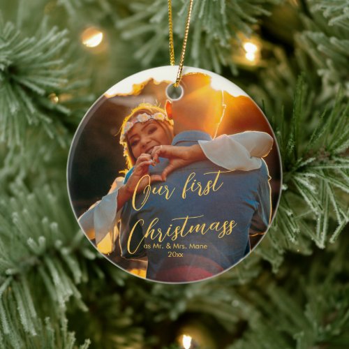Our First Christmas Chic Script Name Christmass  Ceramic Ornament