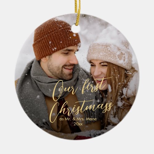 Our First Christmas Chic Script Name Photo Ceramic Ornament